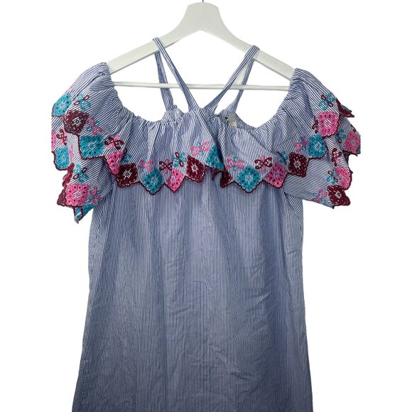 LOFT Embroidered Off Shoulder Blue Stripe Dress XS Boho Summer Casual - Picture 2 of 13